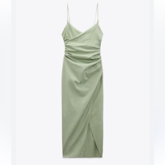 ZARA Midi Dress Wrap Women S LINEN Green 8028/367 New Beach Coastal Sexy Blogger - Picture 2 of 8
